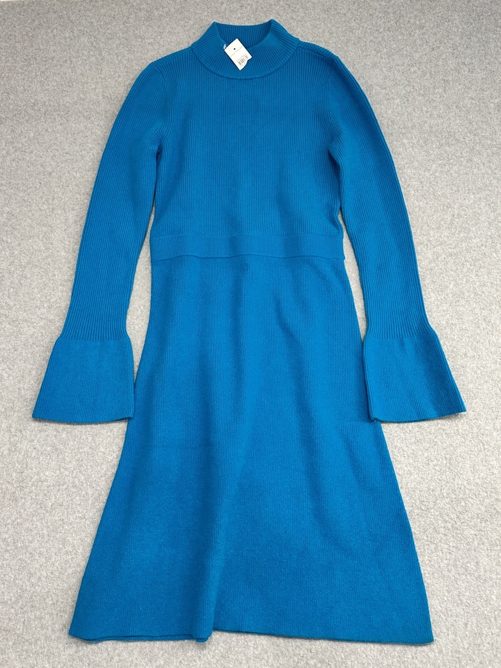 Ann Taylor Teal Ribbed Mock-Neck Sweater Dress with Sleeve Buttons